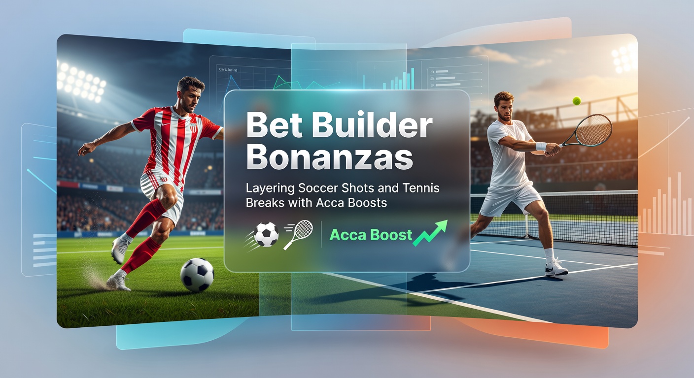 Fußballspieler schießt auf das Tor während ein Tennisspieler einen Break vorbereitet, mit grafischen Bet Builder-Overlays