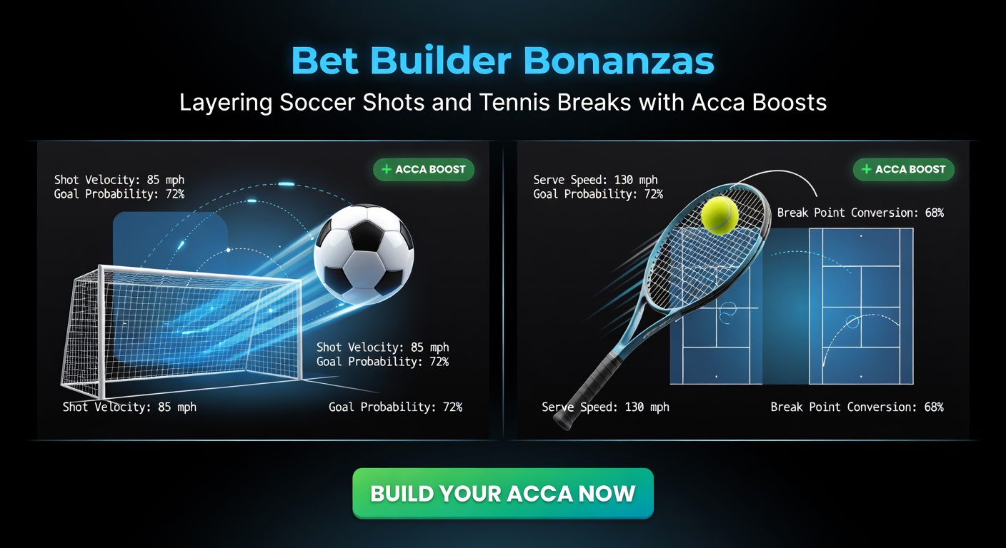 Grafik zeigt Bet Builder mit Fußball-Schüssen, Tennis-Breaks und Acca-Boost-Multiplikatoren auf einem Tablet-Display