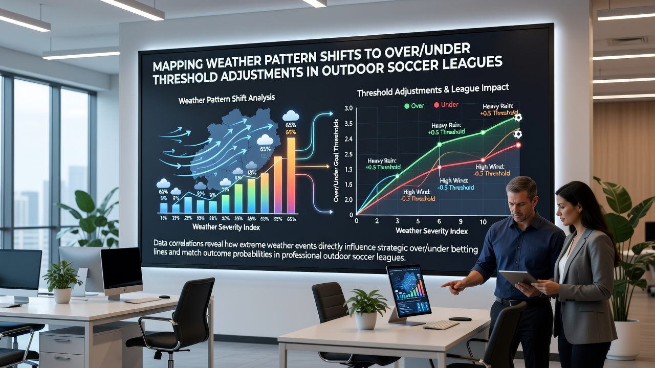 Diagramm mit Wetterdatenüberlagerung auf Fußballstatistiken, das Over/Under-Anpassungen in verschiedenen Ligen visualisiert