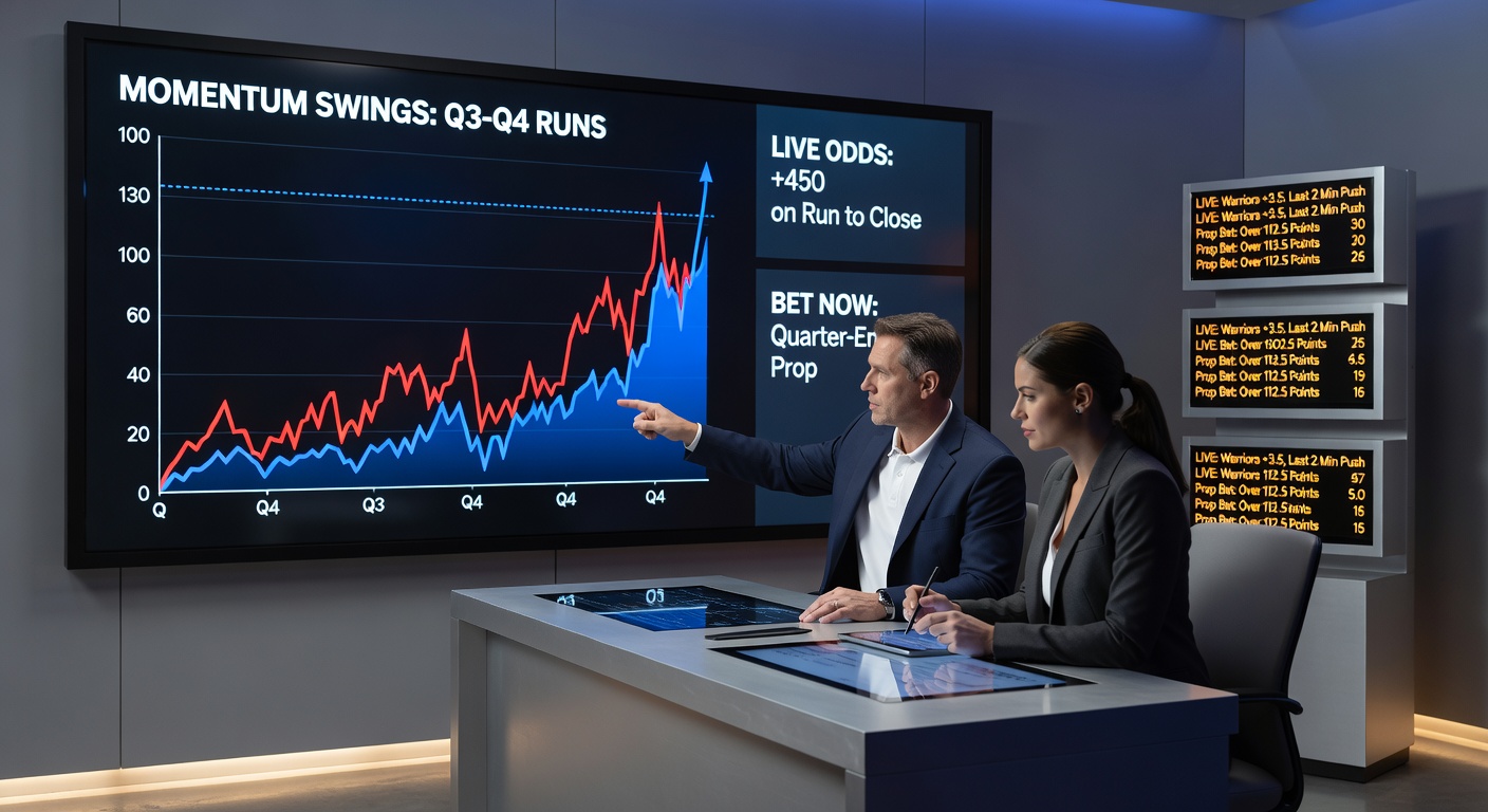 Grafik mit NBA-Playoff-Statistiken zu Momentum-Swings, zeigt Balkendiagramme von Quarter-End-Runs und Quotenveränderungen